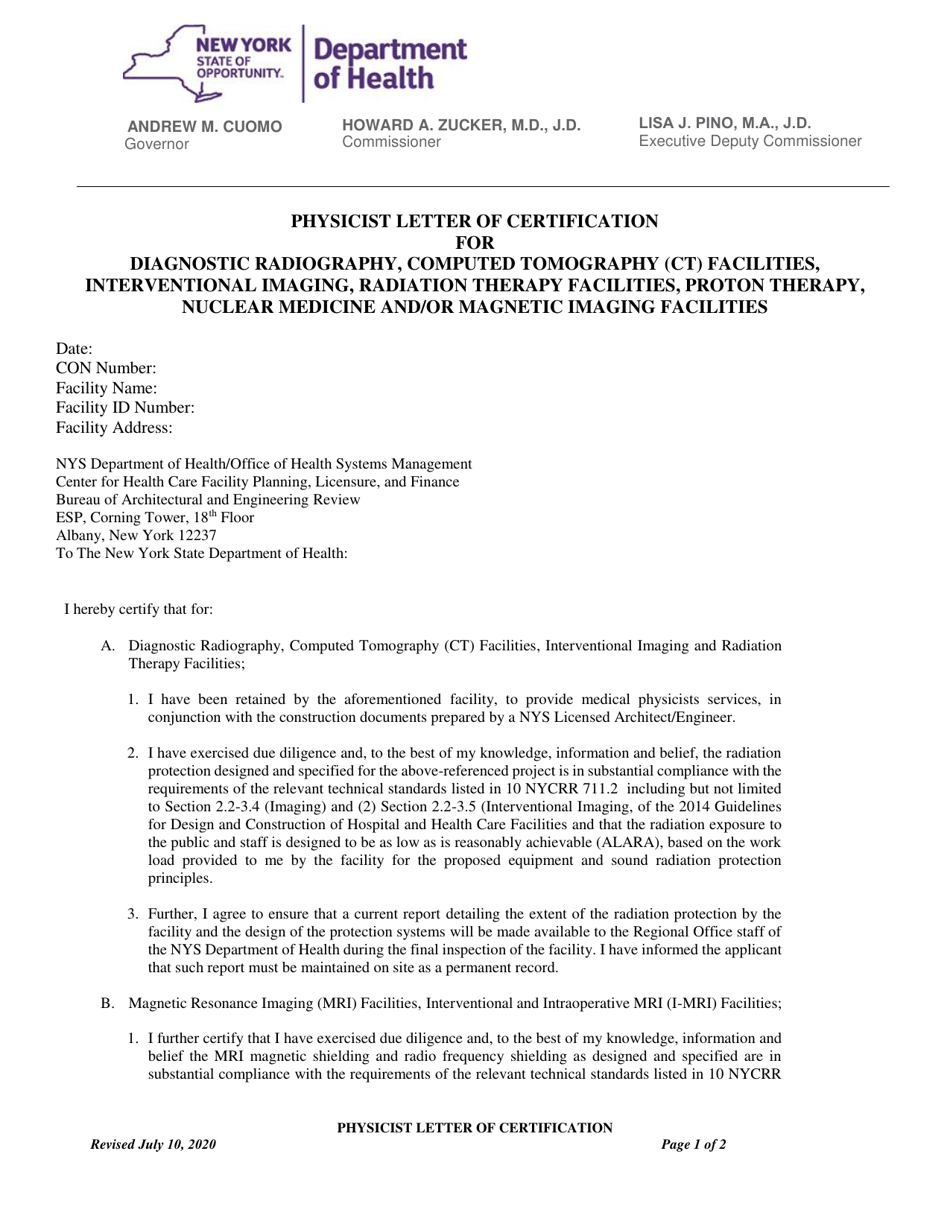 Physicist Letter of Certification for Diagnostic Radiography, Computed Tomography (Ct) Facilities, Interventional Imaging, Radiation Therapy Facilities, Proton Therapy, Nuclear Medicine and / or Magnetic Imaging Facilities - New York, Page 1
