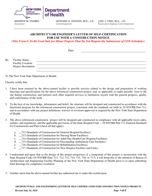 Architect's or Engineer's Letter of Self-certification for Use With a Construction Notice - New York Download Pdf