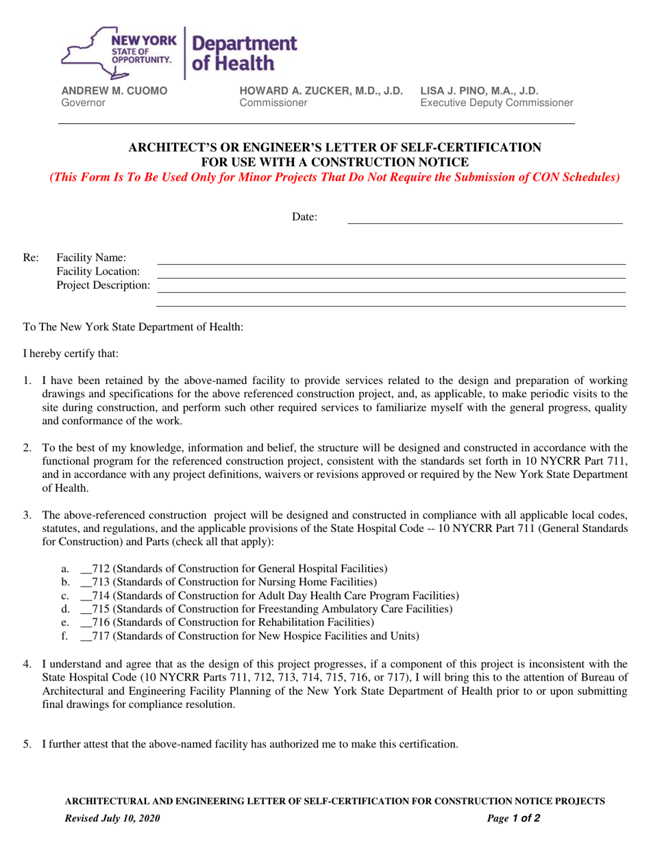Architects or Engineers Letter of Self-certification for Use With a Construction Notice - New York, Page 1