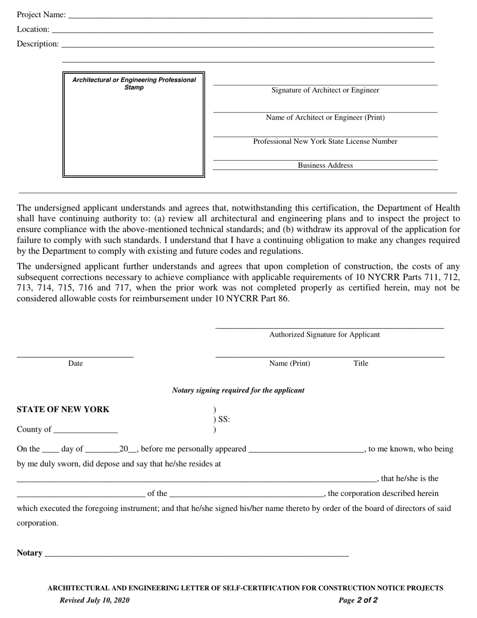 Architects or Engineers Letter of Self-certification for Use With a Construction Notice - New York, Page 2
