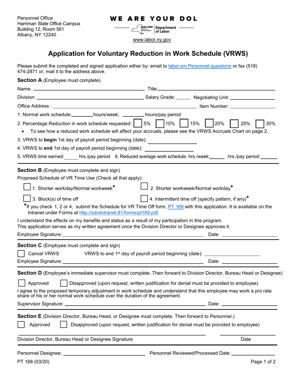 Form PT168 Application for Voluntary Reduction in Work Schedule (Vrws) - New York, Page 1