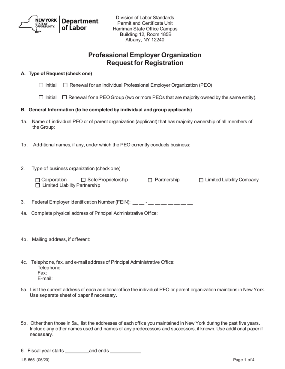 Form LS665 Professional Employer Organization Request for Registration - New York, Page 1