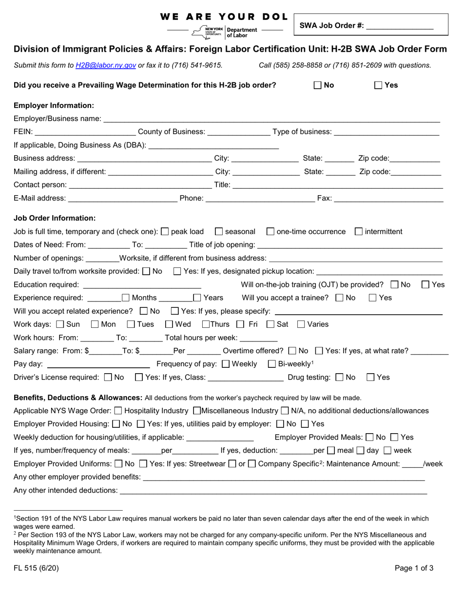 Form FL515 H-2b Swa Job Order Form - New York, Page 1