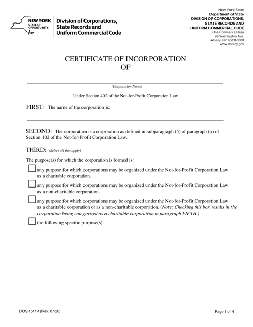 Form DOS-1511-F Certificate of Incorporation - New York