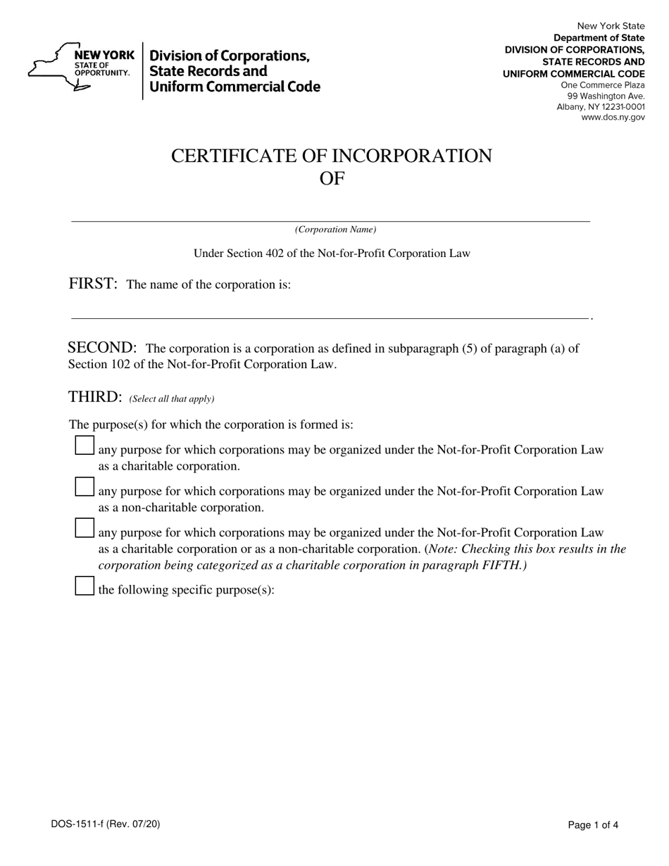 Form DOS-1511-F Certificate of Incorporation - New York, Page 1