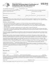 Form CG-213 Cigarette Stamping Agent Certification of Compliance With Tax Law Article 20 - New York