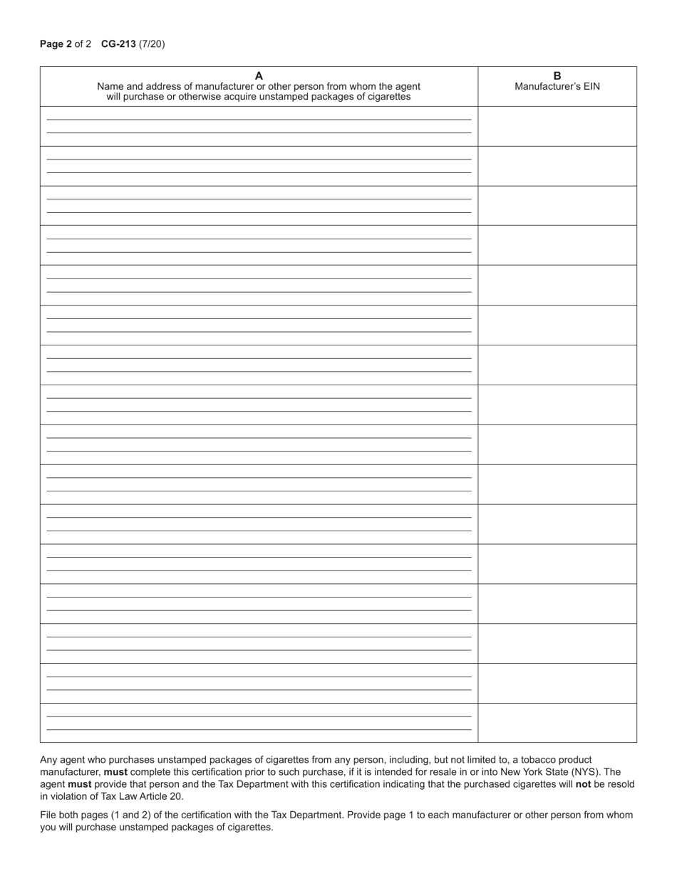 Form CG-213 Cigarette Stamping Agent Certification of Compliance With Tax Law Article 20 - New York, Page 2