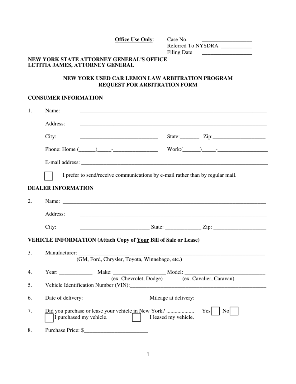 Form CFB008 New York Used Car Lemon Law Arbitration Program Request for Arbitration Form - New York, Page 2