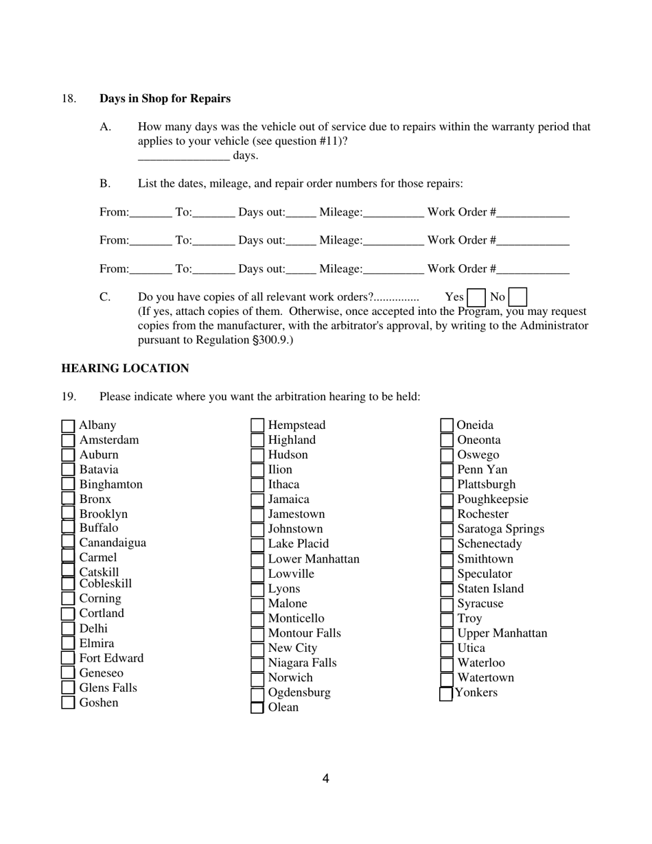 Form CFB008 New York Used Car Lemon Law Arbitration Program Request for Arbitration Form - New York, Page 5