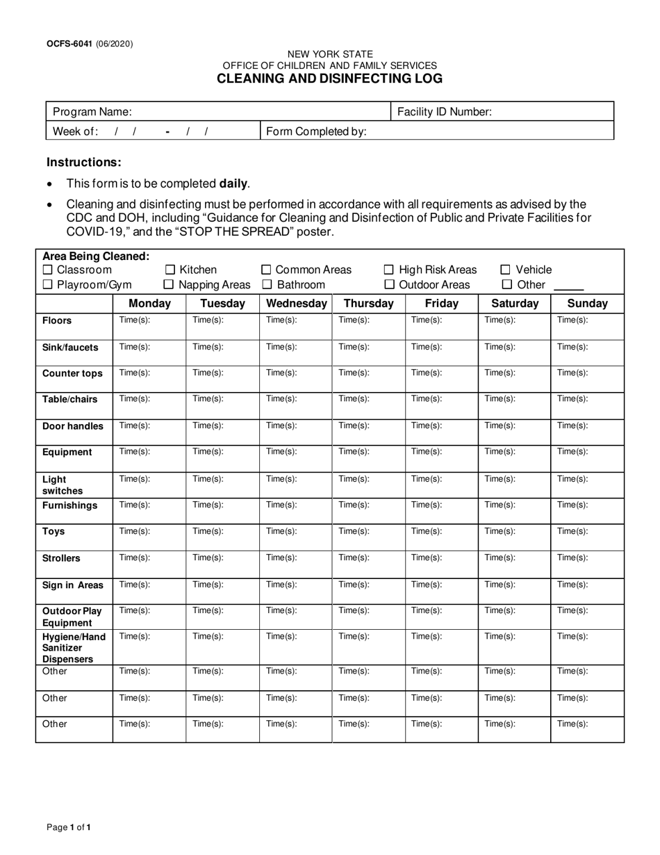 Form OCFS-6041 Cleaning and Disinfecting Log - New York, Page 1