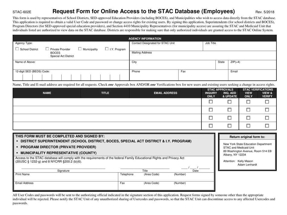 Form STAC-602E Request Form for Online Access to the Stac Database (Employees) - New York, Page 1