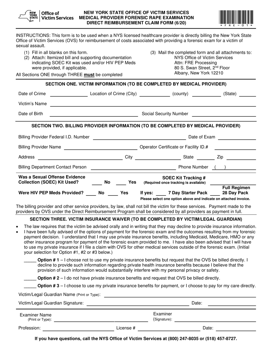 Medical Provider Forensic Rape Examination Direct Reimbursement Claim Form - New York, Page 1