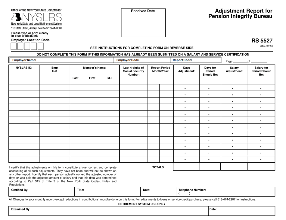 Form RS5527 Adjustment Report for Pension Integrity Bureau - New York, Page 1