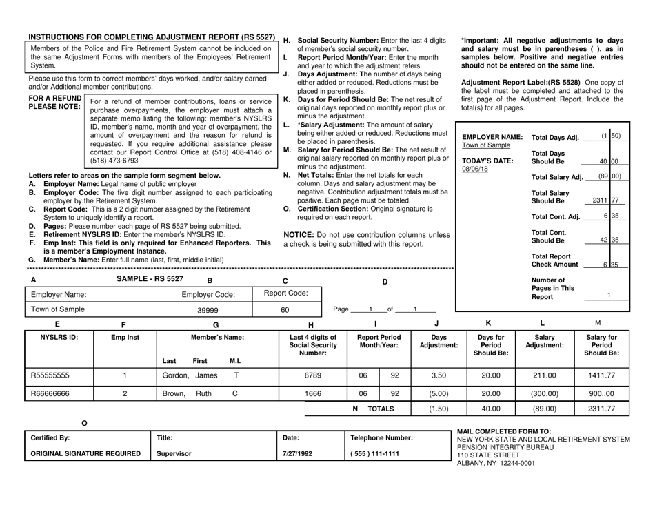 Form RS5527 Adjustment Report for Pension Integrity Bureau - New York, Page 2