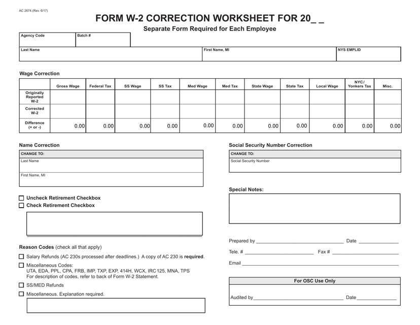Form AC2674 Form W-2 Correction Worksheet - New York