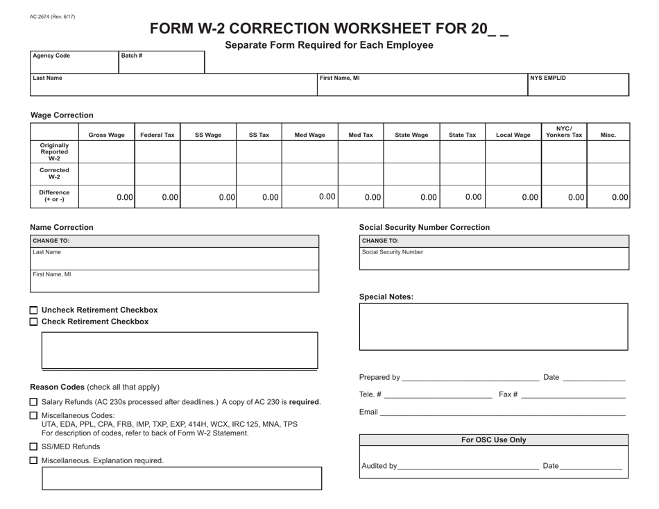 Form AC2674 Form W-2 Correction Worksheet - New York, Page 1