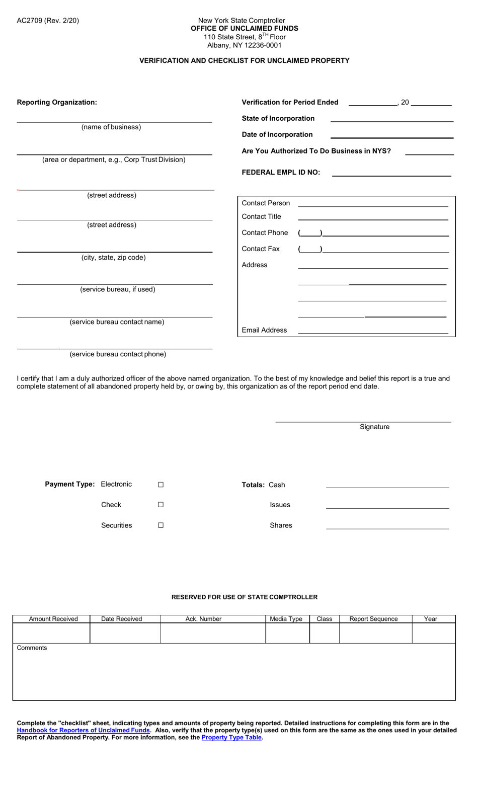 Form AC2709 Verification and Checklist for Unclaimed Property - New York, Page 1