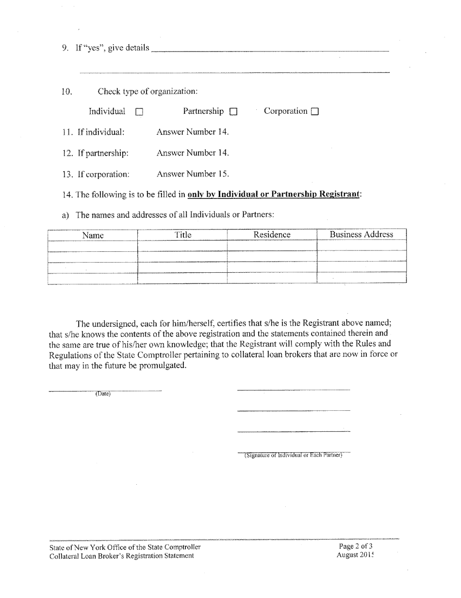 Collateral Loan Brokers Registration Statement - New York, Page 2