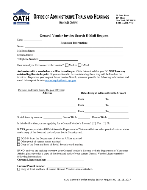 Form CLK1 General Vendor Invoice Search E-Mail Request - New York