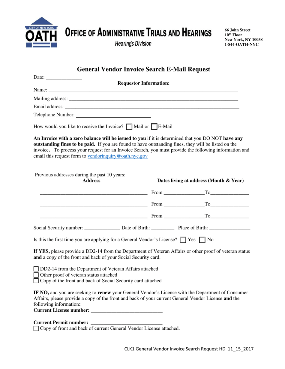 Form CLK1 General Vendor Invoice Search E-Mail Request - New York, Page 1