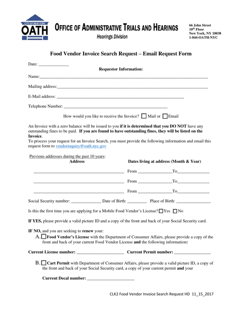 Food Vendor Invoice Search Request - Email Request Form - New York Download Pdf