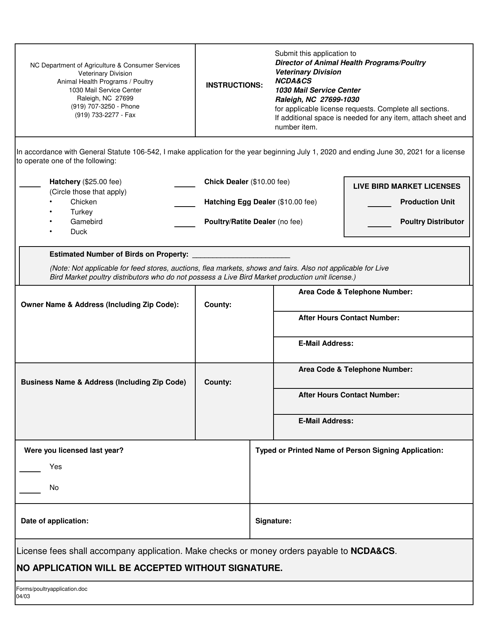 Poultry Dealer License Application Form - North Carolina