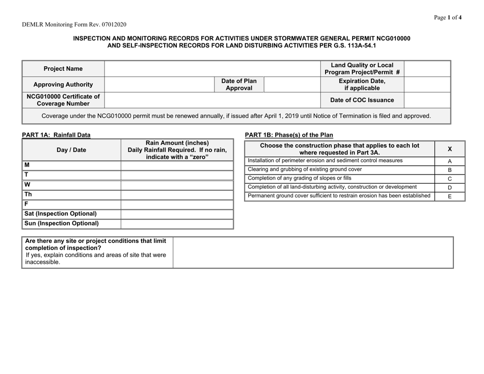 North Carolina Self Inspection & Monitoring Form Fill Out, Sign