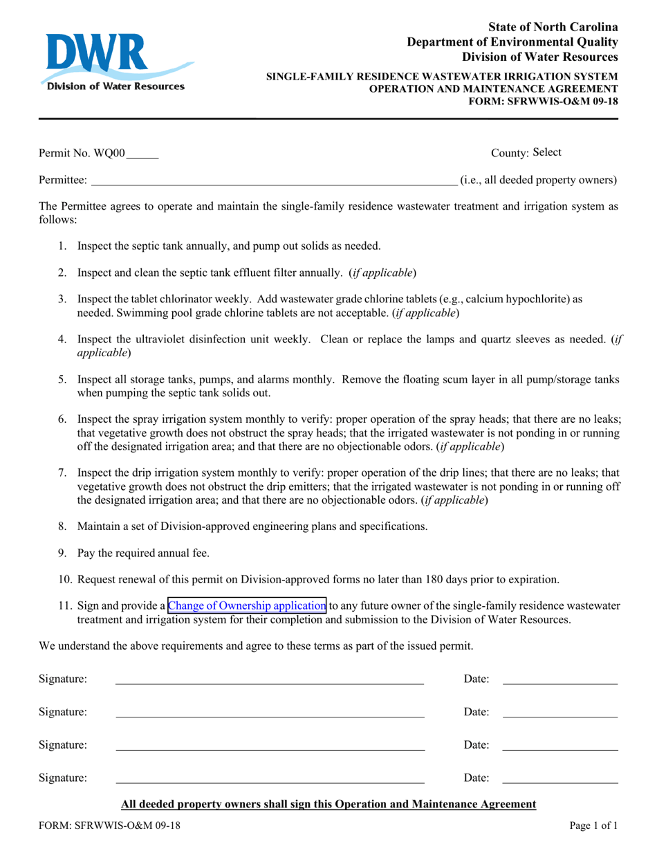 Form SFRWWIS-OM Single-Family Residence Wastewater Irrigation System Operation and Maintenance Agreement - North Carolina, Page 1