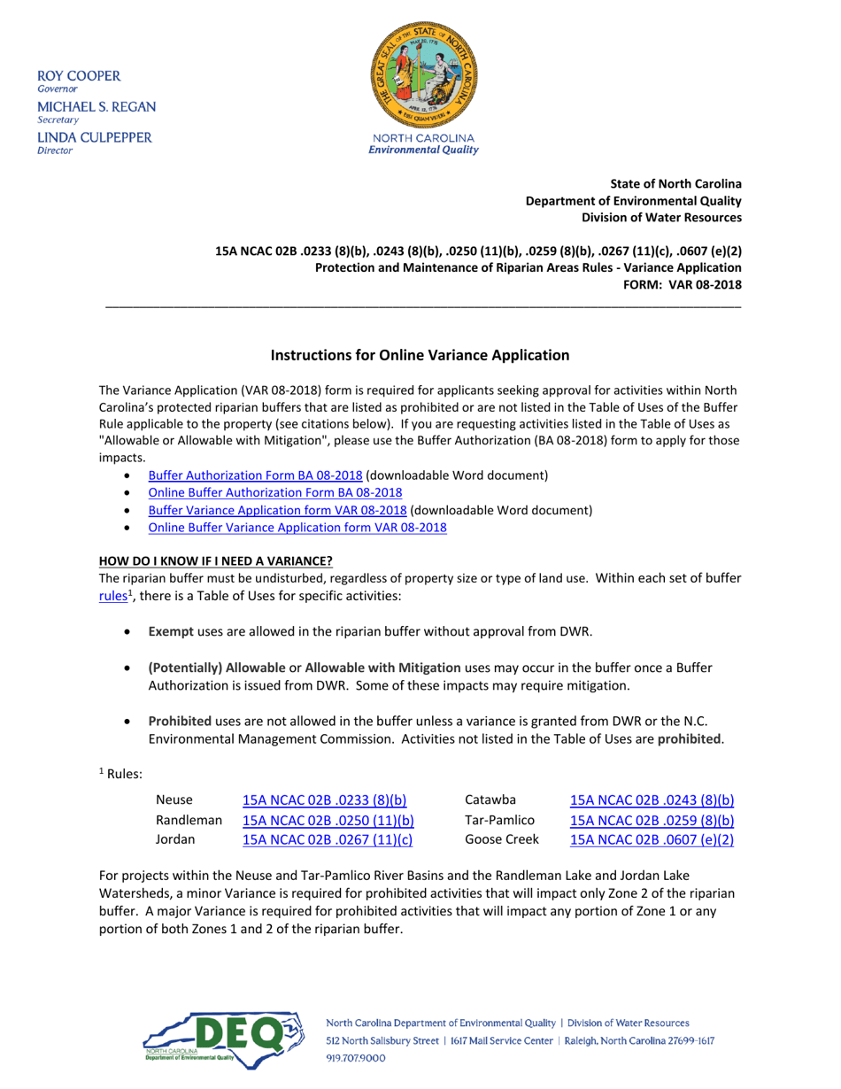 Instructions for Form VAR Major / Minor Variance Application Form - North Carolina, Page 1