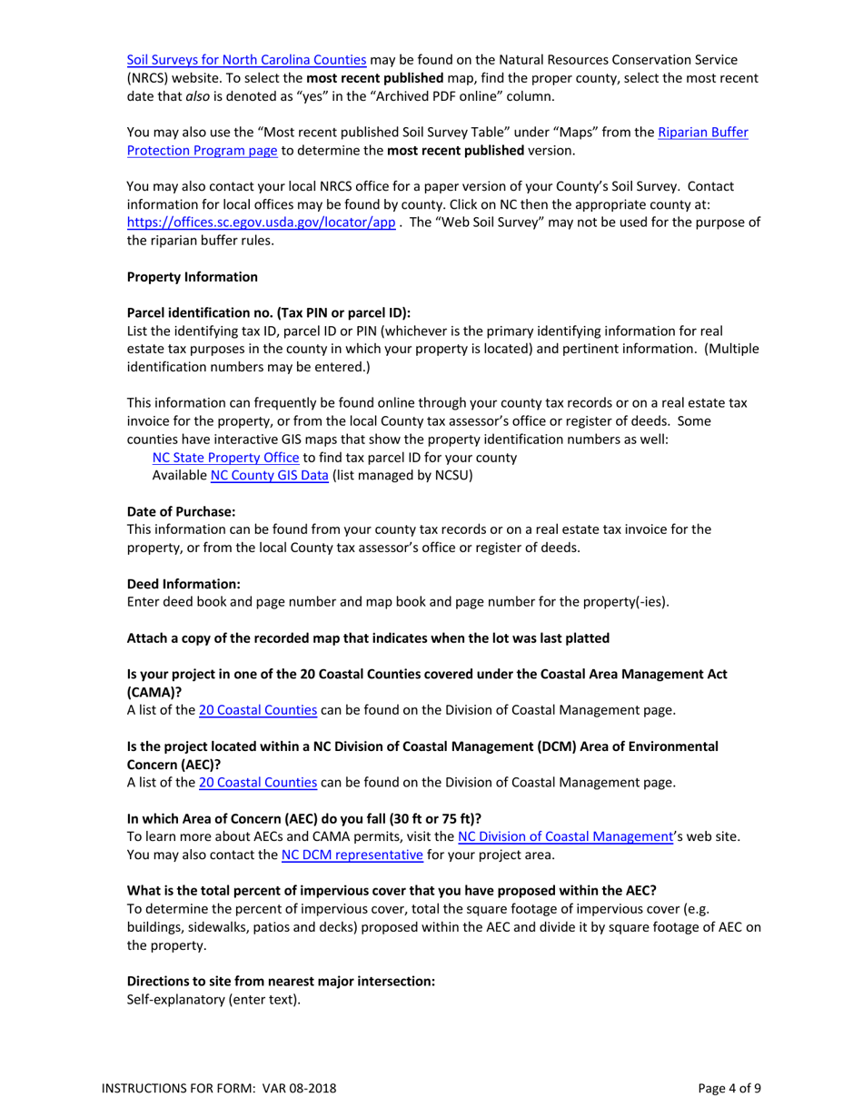 Instructions for Form VAR Major / Minor Variance Application Form - North Carolina, Page 4
