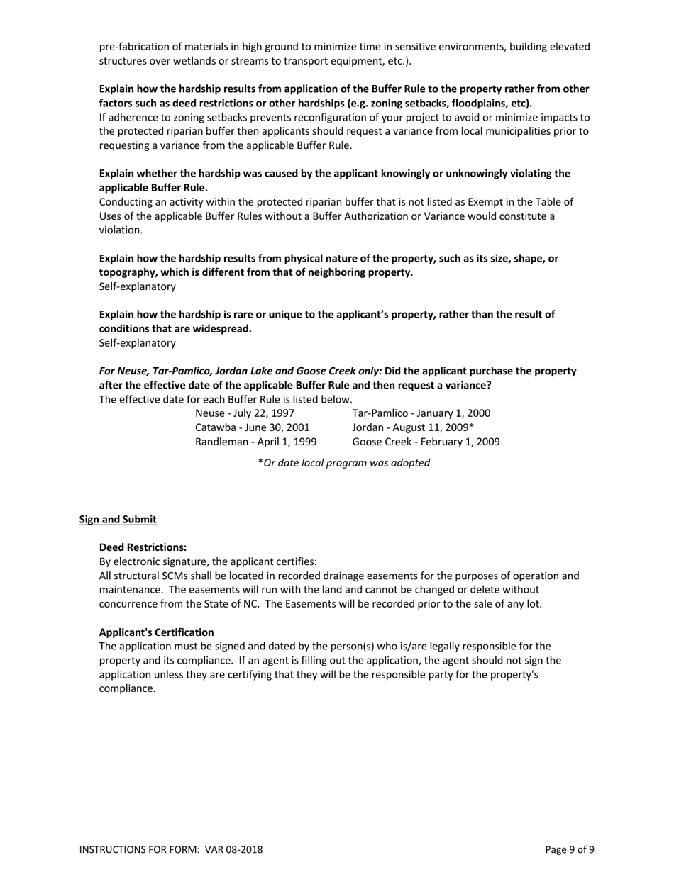 Instructions for Form VAR Major / Minor Variance Application Form - North Carolina, Page 9