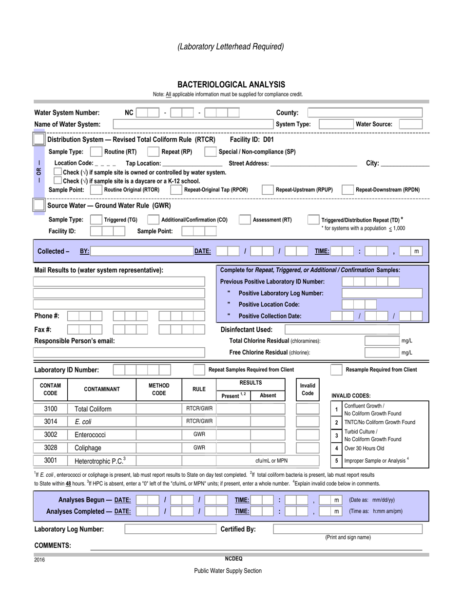 DENR Form 3762 Bacteriological Analysis - North Carolina, Page 1