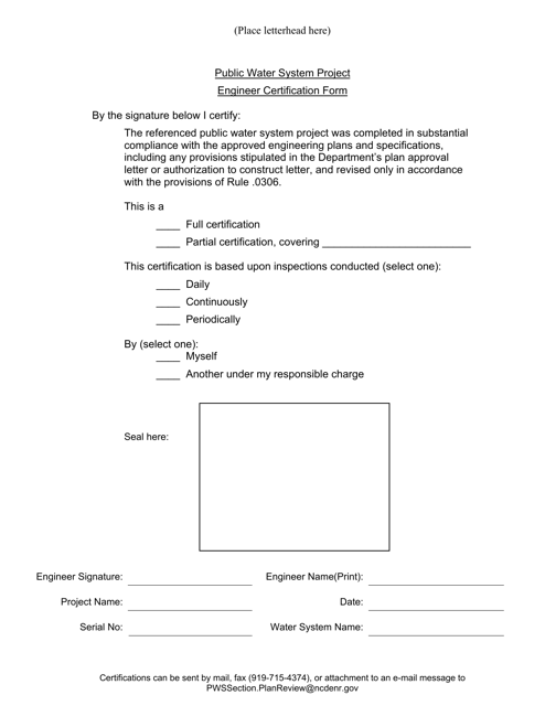 Public Water System Project Engineer Certification Form - North Carolina Download Pdf