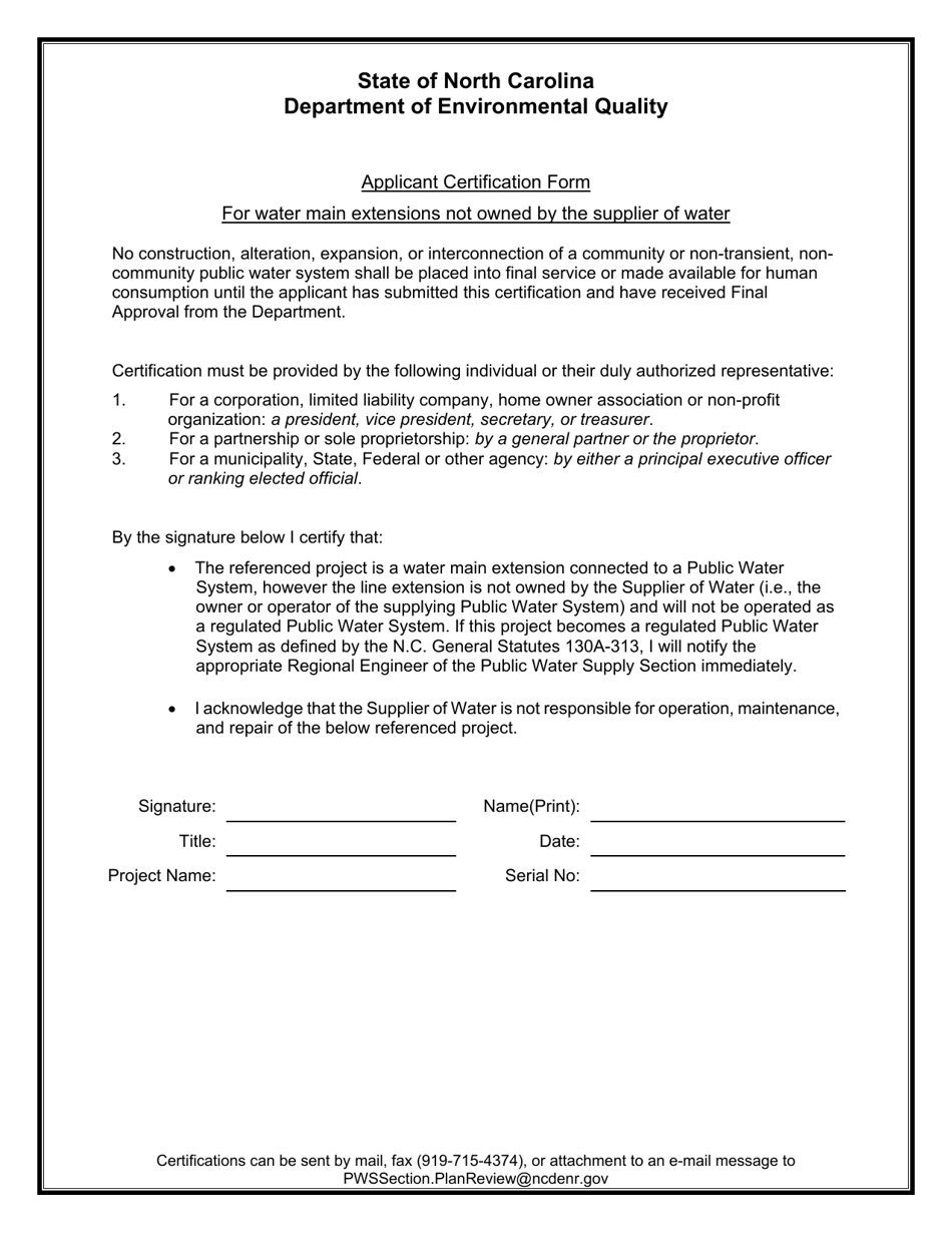 Applicant Certification Form for Water Main Extensions Not Owned by the Supplier of Water - North Carolina, Page 1