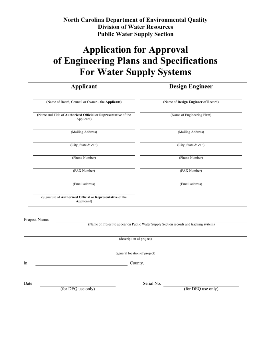 Form DEQ-2136 Application for Approval of Engineering Plans and Specifications for Water Supply Systems - North Carolina, Page 1