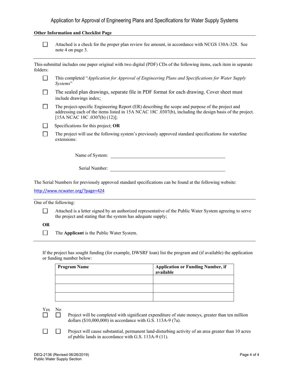 Form DEQ-2136 Application for Approval of Engineering Plans and Specifications for Water Supply Systems - North Carolina, Page 4