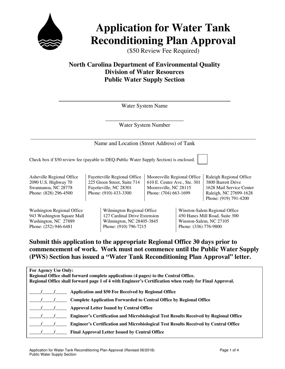 Application for Water Tank Reconditioning Plan Approval - North Carolina, Page 1