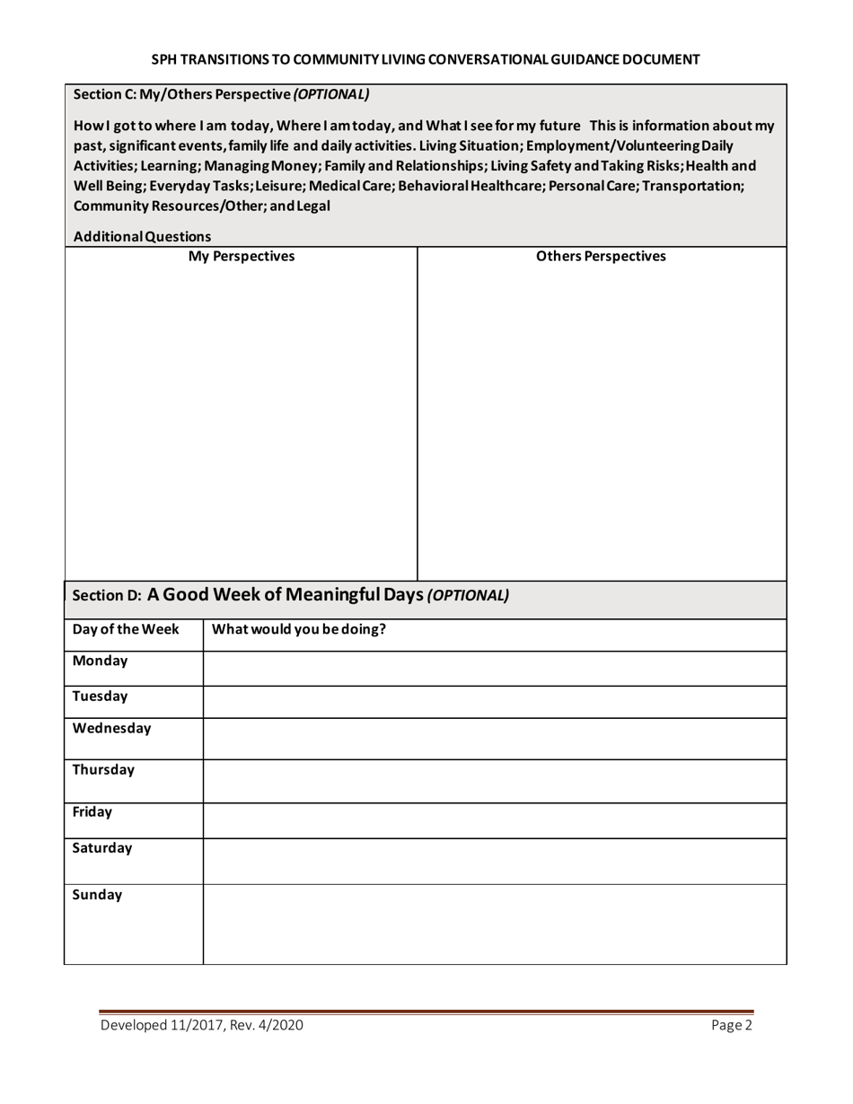 Sph Transitions to Community Living Conversational Guidance Document - North Carolina, Page 2
