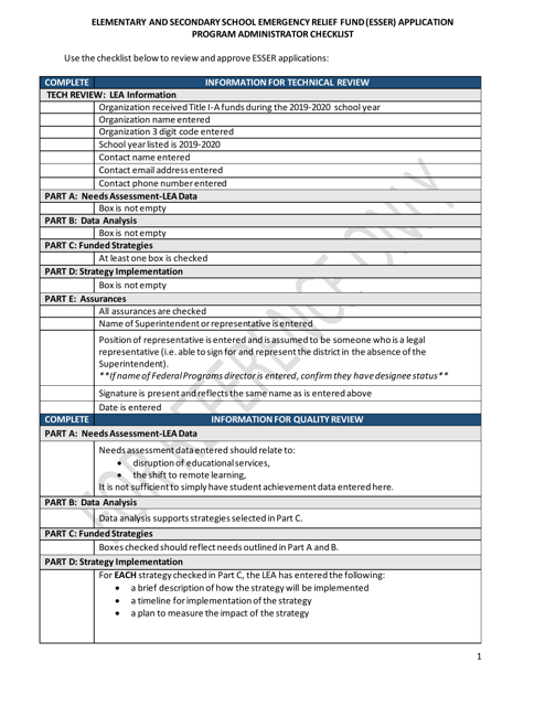 Elementary and Secondary School Emergency Relief Fund (Esser) Application - Program Administrator Checklist - North Carolina, 2020