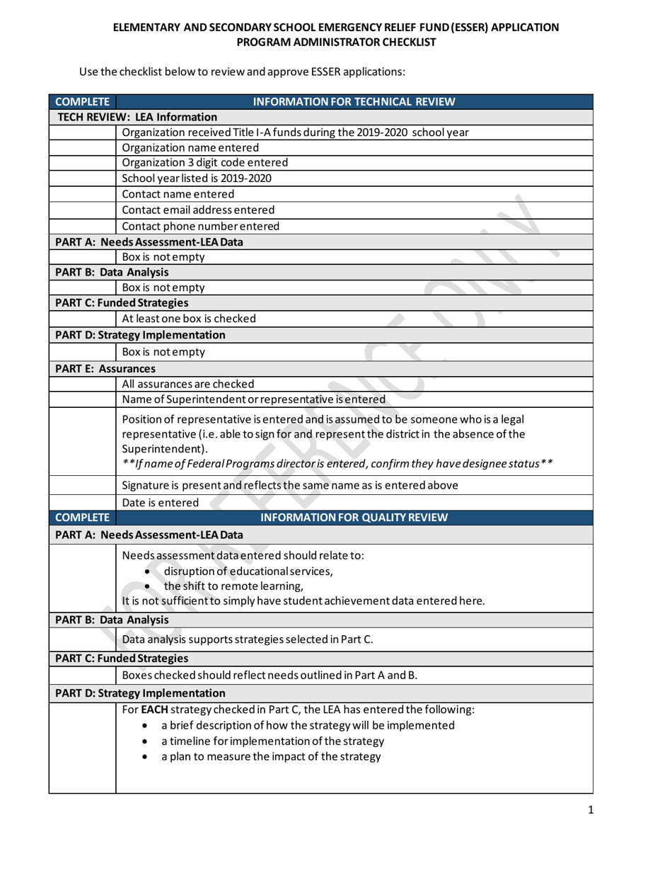 Elementary and Secondary School Emergency Relief Fund (Esser) Application - Program Administrator Checklist - North Carolina, Page 1