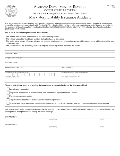 Form MV32-7A-11 Mandatory Liability Insurance Affidavit - Alabama