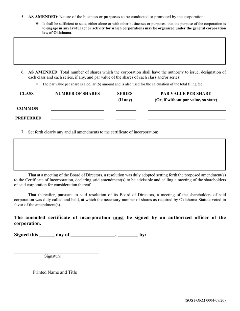 SOS Form 0004 Amended Certificate of Incorporation (After Receipt of Payment for Stock) - Oklahoma Corporation - Oklahoma, Page 2