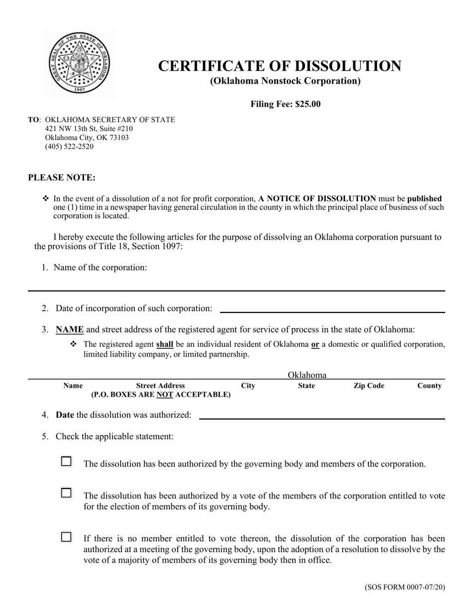 SOS Form 0007 Certificate of Dissolution (Oklahoma Nonstock Corporation) - Oklahoma, Page 1