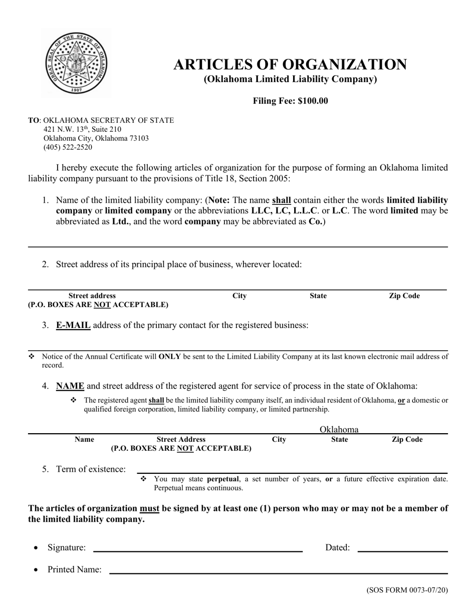 SOS Form 0073 Articles of Organization (Oklahoma Limited Liability Company) - Oklahoma, Page 3