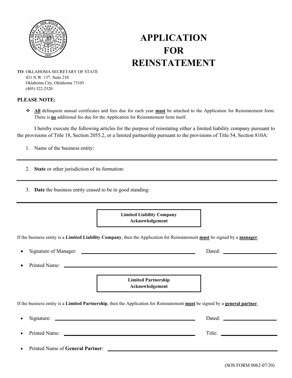 SOS Form 0062 Application for Reinstatement - Oklahoma, Page 1