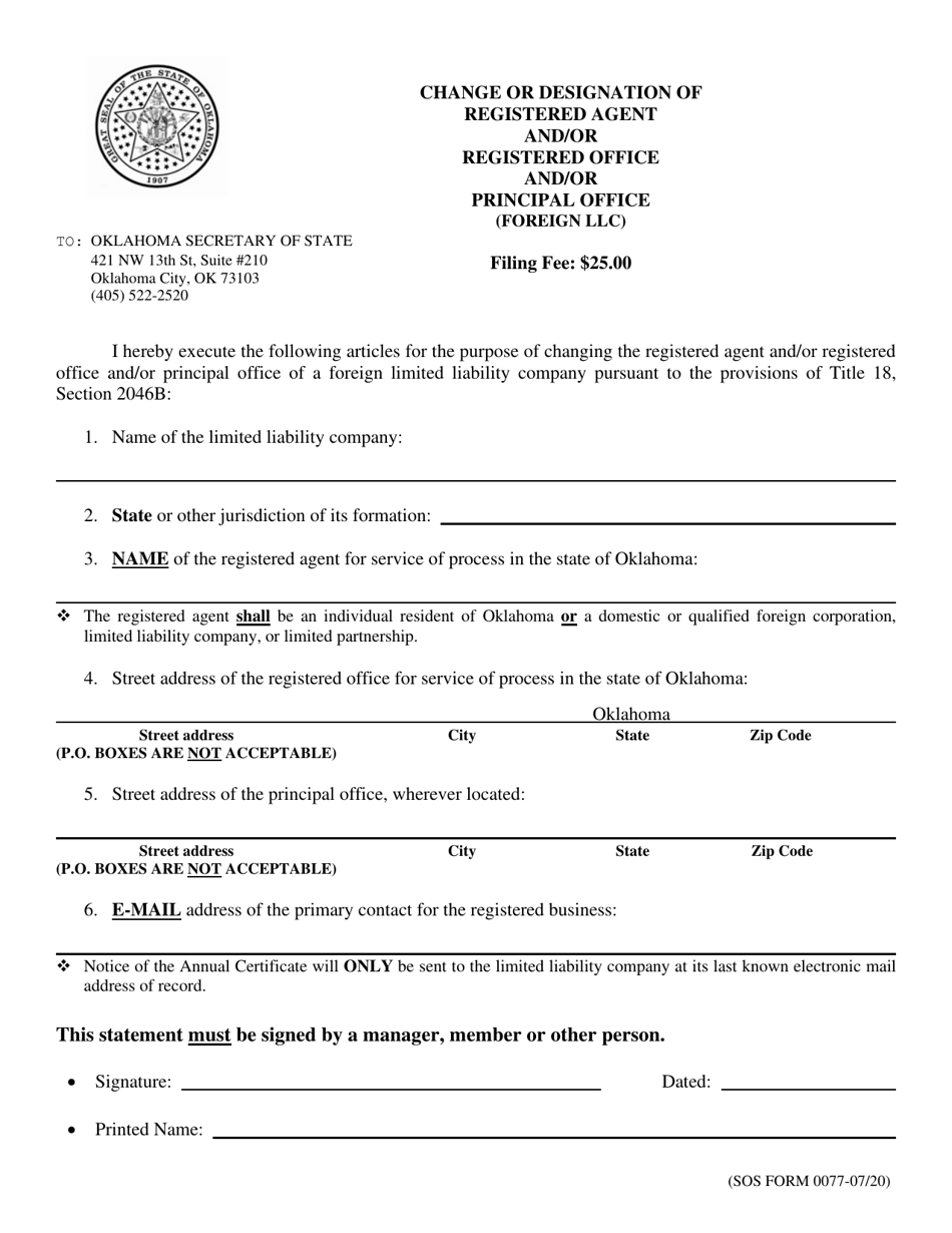 SOS Form 0077 Change or Designation of Registered Agent and / or Registered Office and / or Principal Office (Foreign LLC) - Oklahoma, Page 1