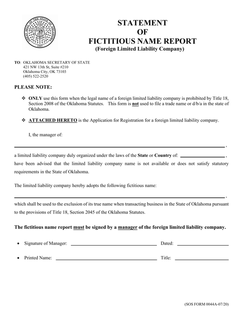 SOS Form 0044A Statement of Fictitious Name Report (Foreign Limited Liability Company) - Oklahoma