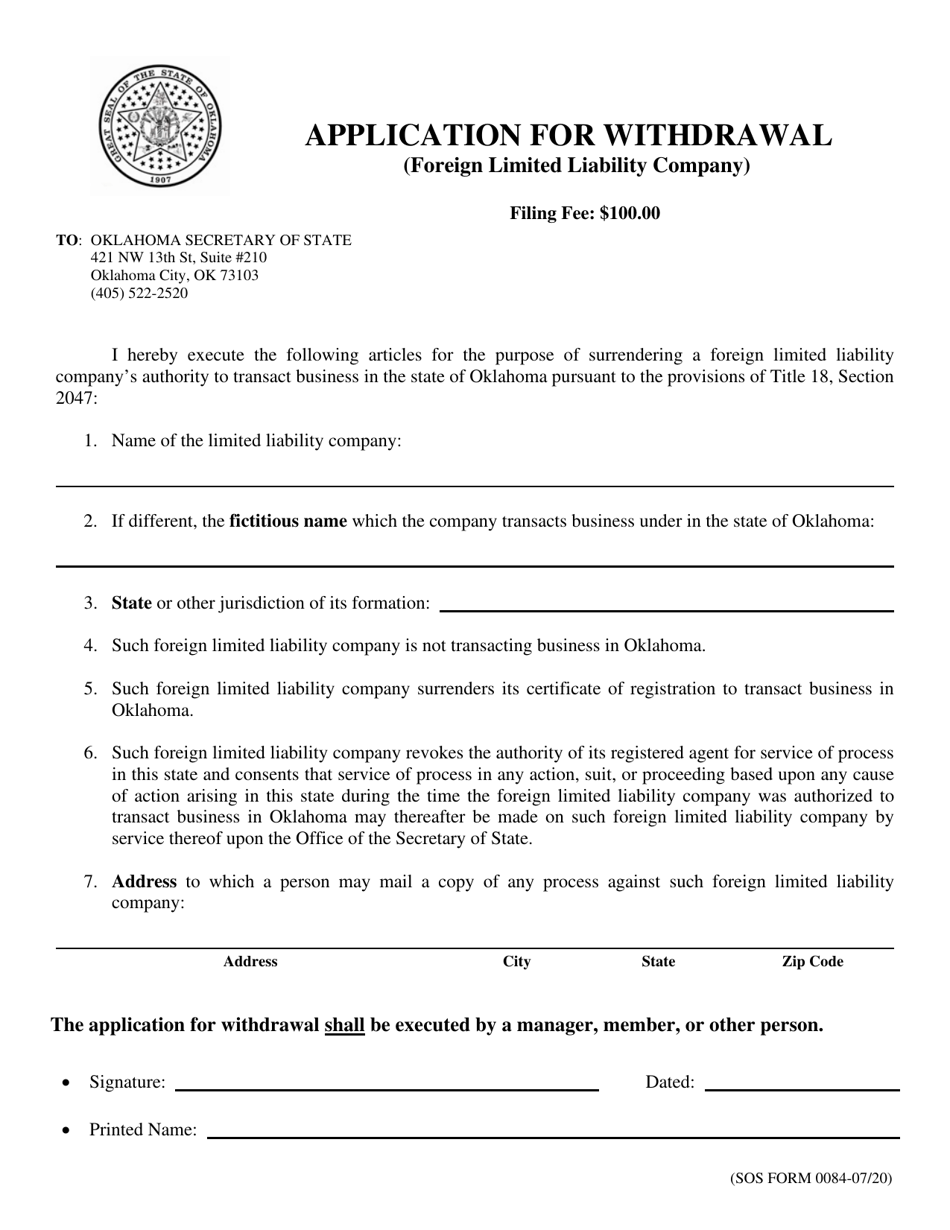 SOS Form 0084 Application for Withdrawal (Foreign Limited Liability Company) - Oklahoma, Page 1