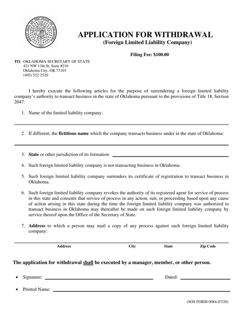 SOS Form 0084 Application for Withdrawal (Foreign Limited Liability Company) - Oklahoma