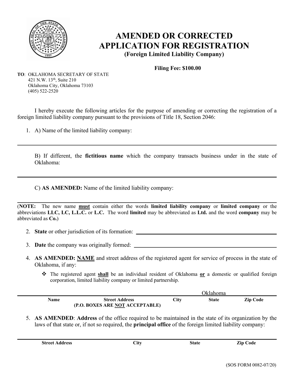 SOS Form 0082 Amended or Corrected Application for Registration (Foreign Limited Liability Company) - Oklahoma, Page 1